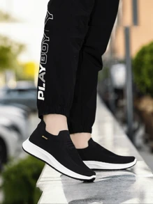 Men's Slip-On Knit Fabric Sport Shoes, Breathable Lightweight Casual Running Sneakers, Soft Sole Slip-On Driving Loafers