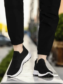 Men's Slip-On Knit Fabric Sport Shoes, Breathable Lightweight Casual Running Sneakers, Soft Sole Slip-On Driving Loafers