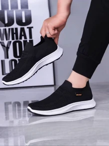 Men's Slip-On Knit Fabric Sport Shoes, Breathable Lightweight Casual Running Sneakers, Soft Sole Slip-On Driving Loafers