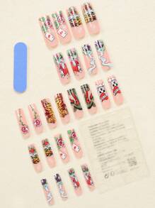 24片装长棺材钉美甲贴万圣节系列骷髅花扑克牌蛇纹按压式美甲套装（内含：一块果冻胶1根摩擦条）适合日常约会派对按压式美甲用品美甲 - 彩色 - 查看 2