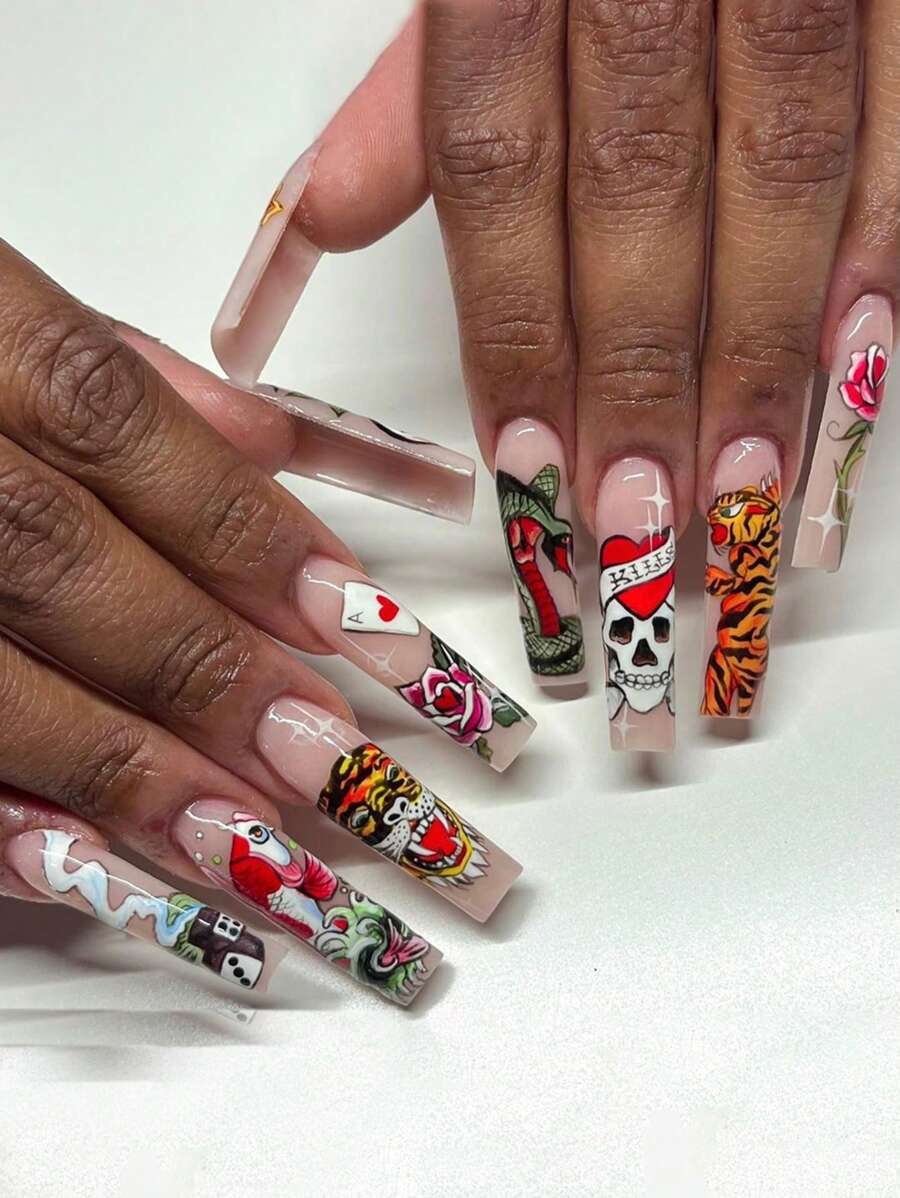 24片装长棺材钉美甲贴万圣节系列骷髅花扑克牌蛇纹按压式美甲套装（内含：一块果冻胶1根摩擦条）适合日常约会派对按压式美甲用品美甲 - 彩色 - 查看 1