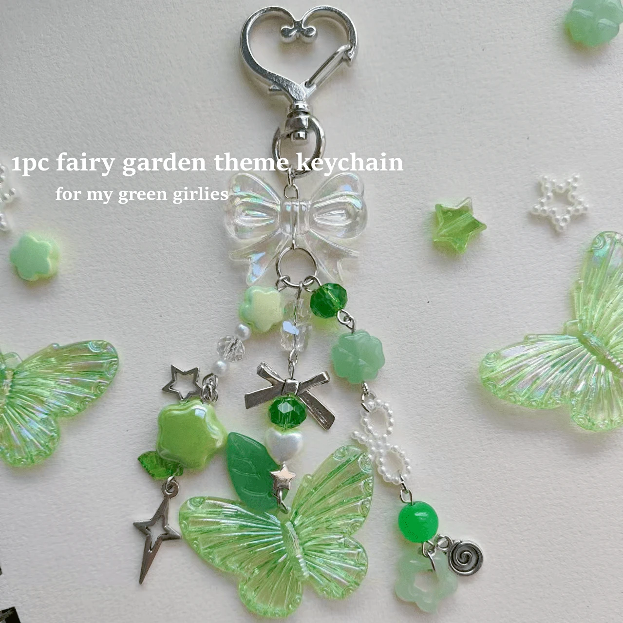1pc Green Mori Style Girl Beaded Keychain, Fairy Theme Butterfly Keychain Design - Green - View 1