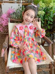 Young Girl Long Sleeve Dress, Cute French Style Flower Pattern Kid's Clothing, Children's Apparel, Suitable For Spring/Autumn
