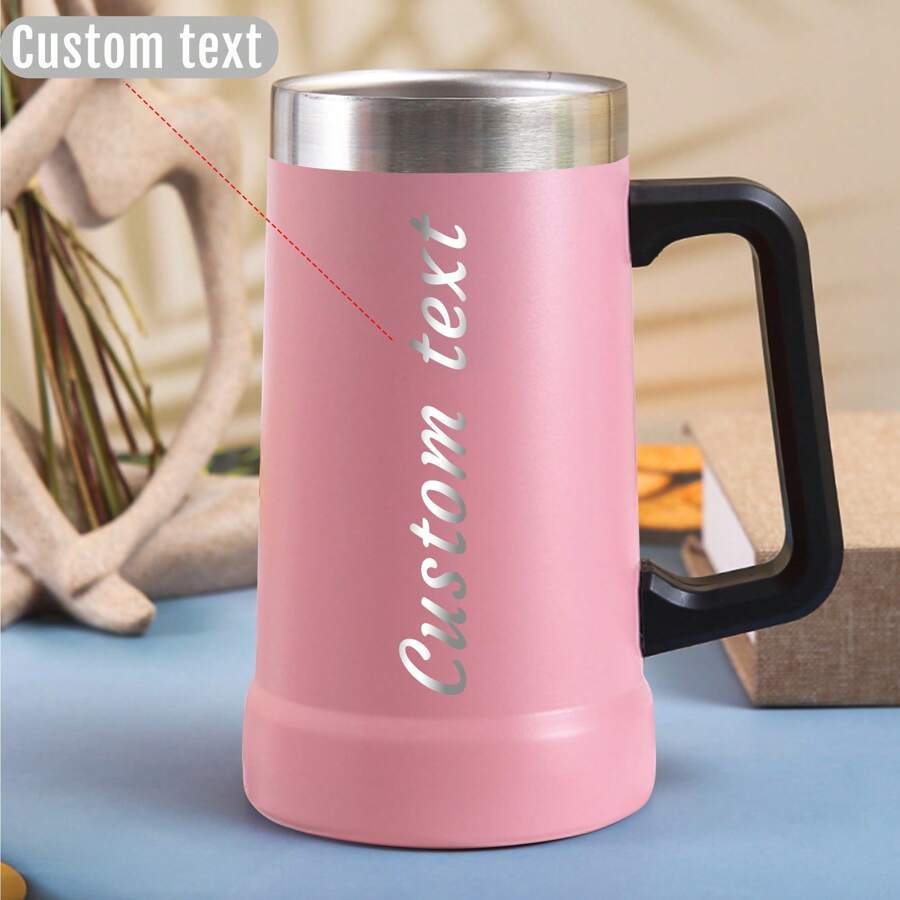 定制名称，激光雕刻文字，24盎司啤酒杯不锈钢真空杯带手柄大容量双层真空水杯，送给丈夫和父亲的礼物 - 粉紅色 - 查看 1