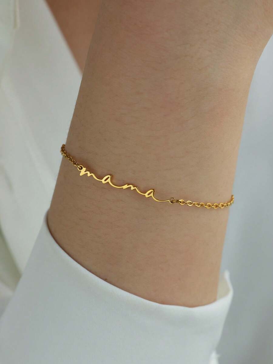 1pc Elegant "Mom" Letter Bracelet, Mini Cursive Font, Stainless Steel Adjustable Chain, Fashionable Accessory, Gift For Mom - B1613 - View 1