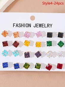 24pcs/48pcs/96pcs Minimalist Colorful Cubic Zirconia Stud Earrings Set For Women, Suitable For Date, Party, Commute, Casual Daily Wear