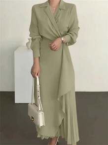 Women's Elegant Long Formal Solid Color Belted Dress - Lime Green - View 1