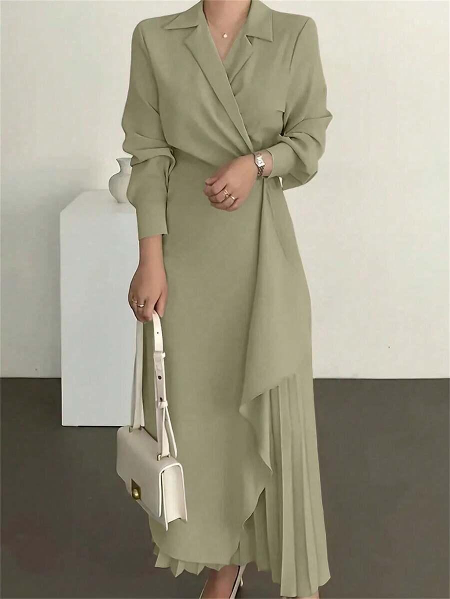 Women's Elegant Long Formal Solid Color Belted Dress - Lime Green - View 1