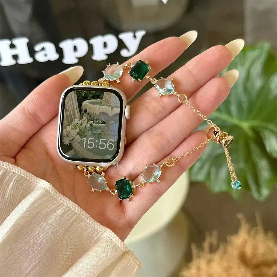 1 chiếc vòng tay kim loại đá quý màu xanh lá cây dành cho nữ tương thích với dây đeo 38/40/41/42/44/45/49mm tương thích với Ultra/SE/8/7/6/5/4/3/2/1