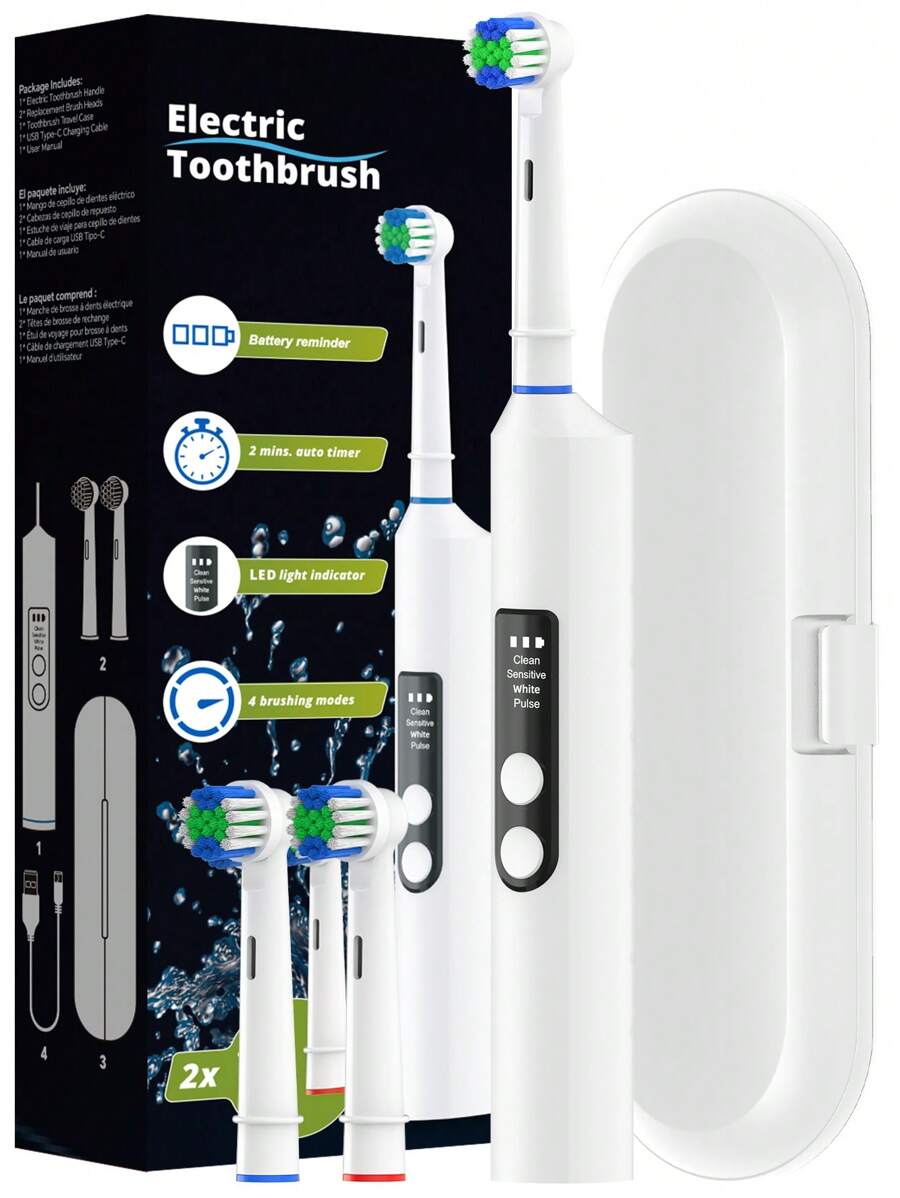 Intelligent Rotating Electric Toothbrush, 4 Modes USB Charging Smart Rechargeable Rotary Rotation Electric Toothbrushes With Timer, LED Indicator, Travel Case And 2 Brush Heads, Compatible With OralB Replacement Toothbrush Brush Heads - White - View 1