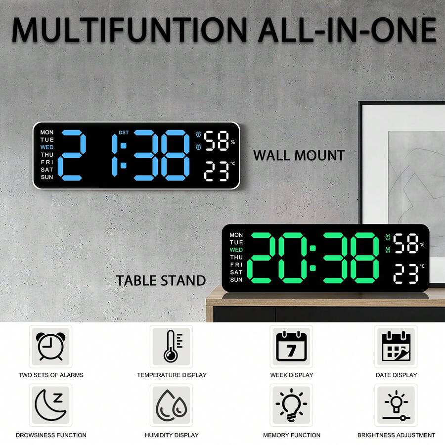 Digital Wall Clock Large Display, 9" LED Wall Clocks For Living Room Decor, Digital Clock With Temperature/DST/Auto-Dimming/Humidity/Snooze - 12/24H, Silent Digital Clocks For Seniors Kids
