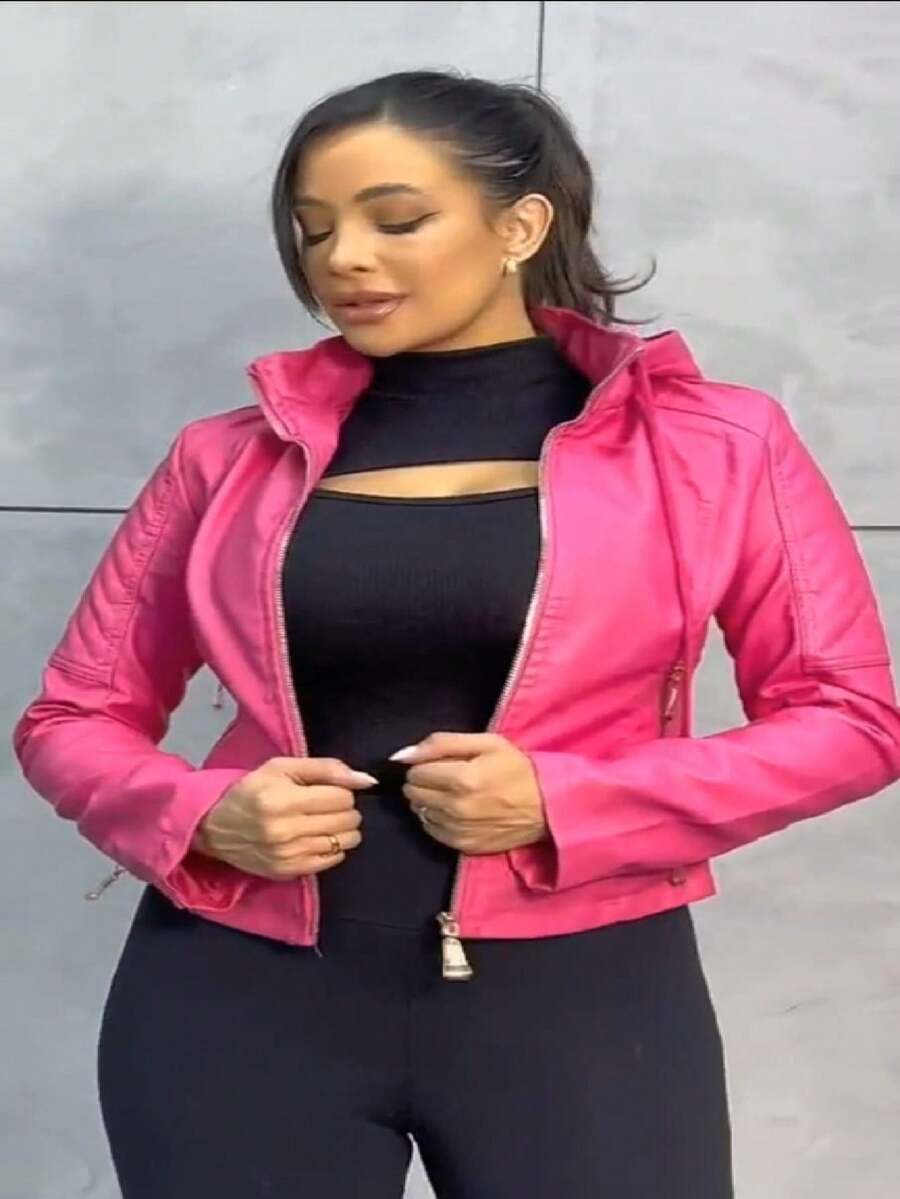 Women's Leather Jacket With Hood - Hot Pink - View 1