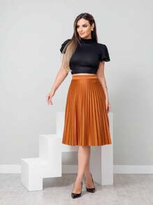 Women's Pleated Midi Skirt, Evangelical Fashion, Plain, With Lining CODE:125 - tanah liat - View 1