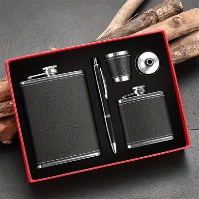 5PCS/Set Black Leather Flask 3oz/8oz, Stainless Steel Soft Touch Leather Wrapped Flask Gift Set, 2 Cups And Chimney Leak-Proof Whiskey And Rum And Vodka Bottle Body For Both Men And Women, Drinkware