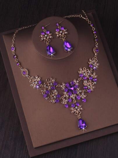 Bride Jewelry Set: High-End Elegant Leaf Necklace & Earrings, Available In Purple, Blue, Green, Red, & White. Suitable For Wedding Dresses, Stage Performances, Banquets, Galas, Halloween