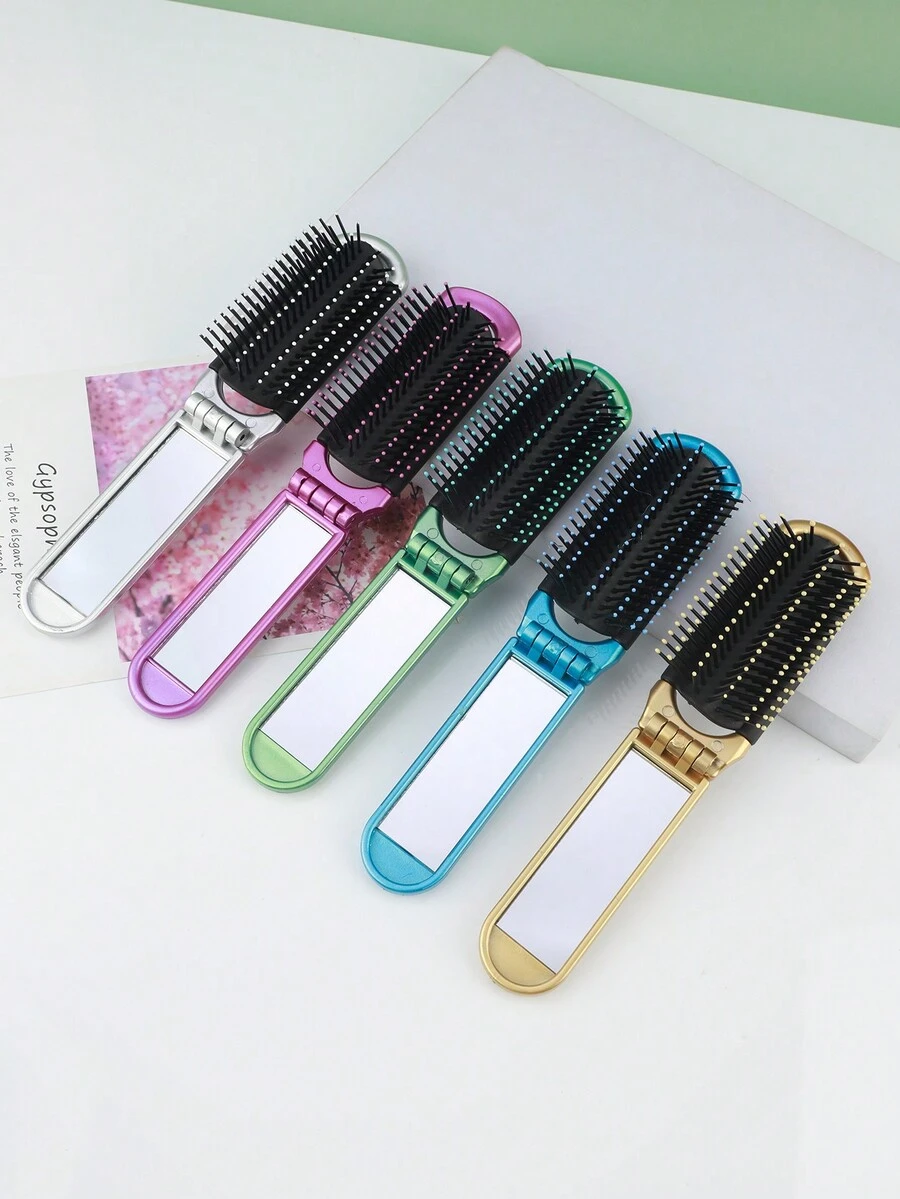 1 pieza Peine plegable con cojín de aire y espejo, cepillo de pelo portátil de viaje con función de masaje - Multicolor - Ver 1