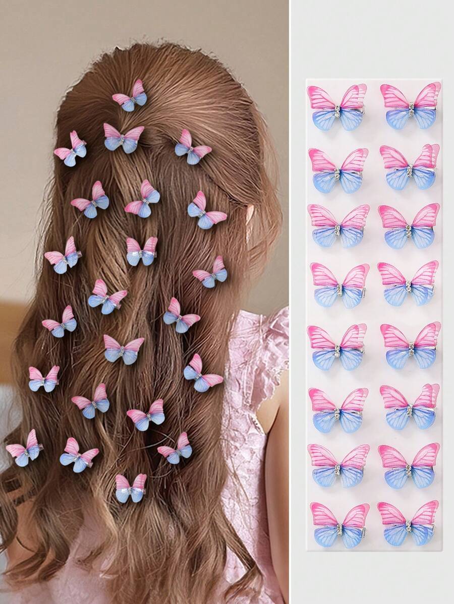 10pcs/Pack Girls' Baby Cute Rhinestone Double-Layer Transparent Chiffon Butterfly Small Hair Clips Princess Hair Accessories - Multicolor - View 1