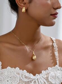 2pcs Women Fashion Minimalist Teardrop Pendant Necklace & Earrings Jewelry Set, Gift