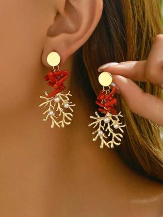 2 件时尚经典海洋派对人造珍珠镶嵌红珊瑚镀金珊瑚蟹海星壳 DIY 手工组装耳环，适合女性节日派对穿着、返校季和节日礼物