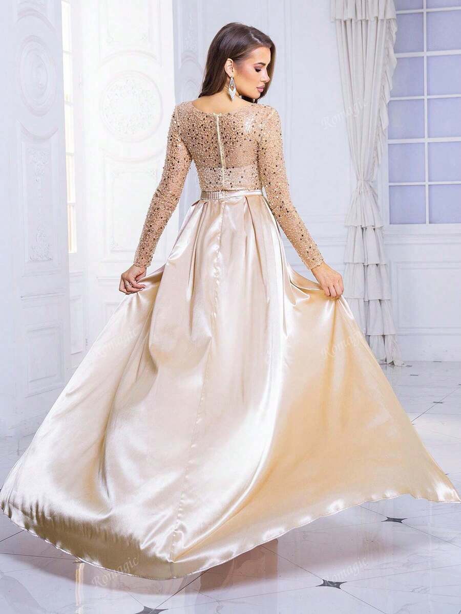 Romagic Women Sequined Boat Neck Long Sleeves Satin Floor Length Formal