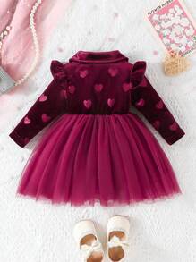 Baby Girl Long Sleeve Collared Heart Print Wine Red Dress With Ruffle Sleeves, Shoulder Paneling & Double Layered Mesh Skirt