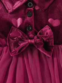 Baby Girl Long Sleeve Collared Heart Print Wine Red Dress With Ruffle Sleeves, Shoulder Paneling & Double Layered Mesh Skirt