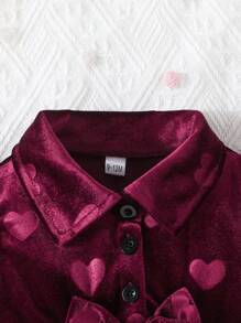 Baby Girl Long Sleeve Collared Heart Print Wine Red Dress With Ruffle Sleeves, Shoulder Paneling & Double Layered Mesh Skirt