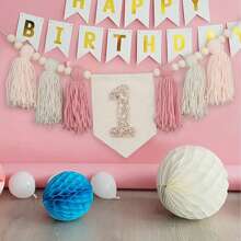 1pc Pink High Chair Banner, Glittery Tassel Floral Wreath Decor For 1st Birthday Party,Christmas - Pink - View 5