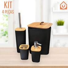 Complete Bamboo Bathroom Set Trash Can Brush Dispenser Soap Dish Toothbrush Holder Cup - 黑色-方形4件 - 查看 1