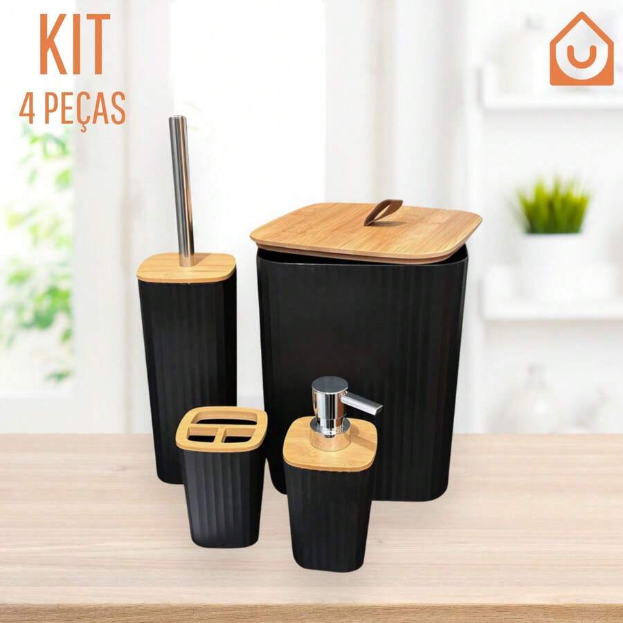 Complete Bamboo Bathroom Set Trash Can Brush Dispenser Soap Dish Toothbrush Holder Cup - 黑色-方形4件 - 查看 1
