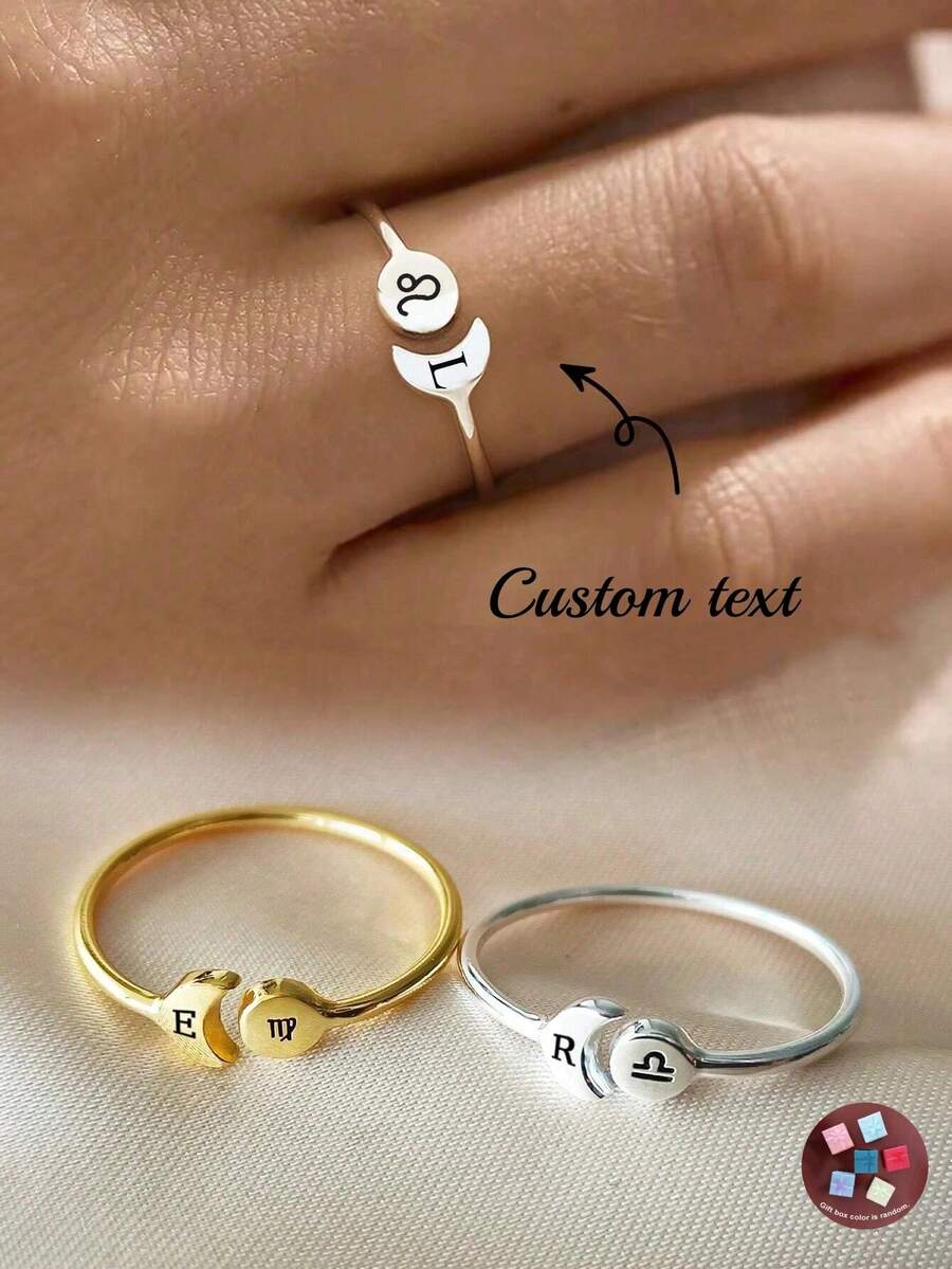 Nhẫn thép không gỉ hở hình mặt trời và mặt trăng khắc chữ cung hoàng đạo Nhẫn thời trang tinh tế Trang sức phổ biến Quà tặng lưu niệm trang sức cho các cặp đôi - Vàng - Xem 1