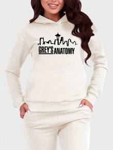 Women's  Kangaroo Sweatshirt Front And Back Flannel With Hood And Pocket - 米色 - 查看 2