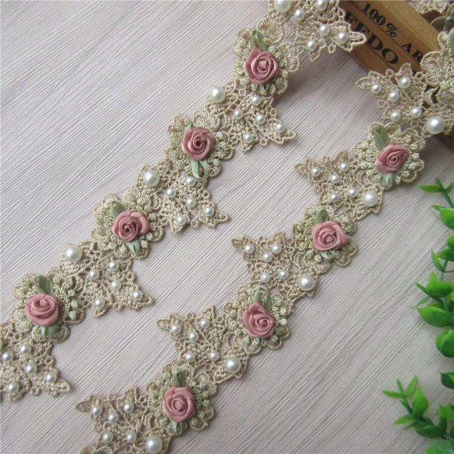 1.96 Inch Vintage Gold Pearl Rose Flower Fabric Rhinestone Decor Floral Applique Lace Ribbon Craft, DIY Sewing Supplies - Multicolor - View 1