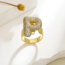 1 chiếc nhẫn hở 26 chữ cái tiếng Anh thời trang phong cách đơn giản châu Âu và Mỹ màu vàng đồng đá Cubic Zirconia Rhinestone hiệu ứng 3D - Vàng - Xem 29