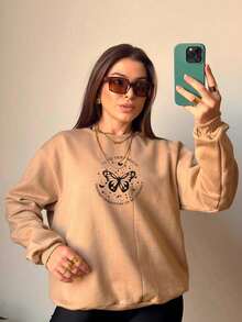 Women's Round Neck Sweatshirt With Butterfly Print Basic Hoodless Sweater 100% Premium Cotton Printed 7050 - Màu Khaki - Xem 4