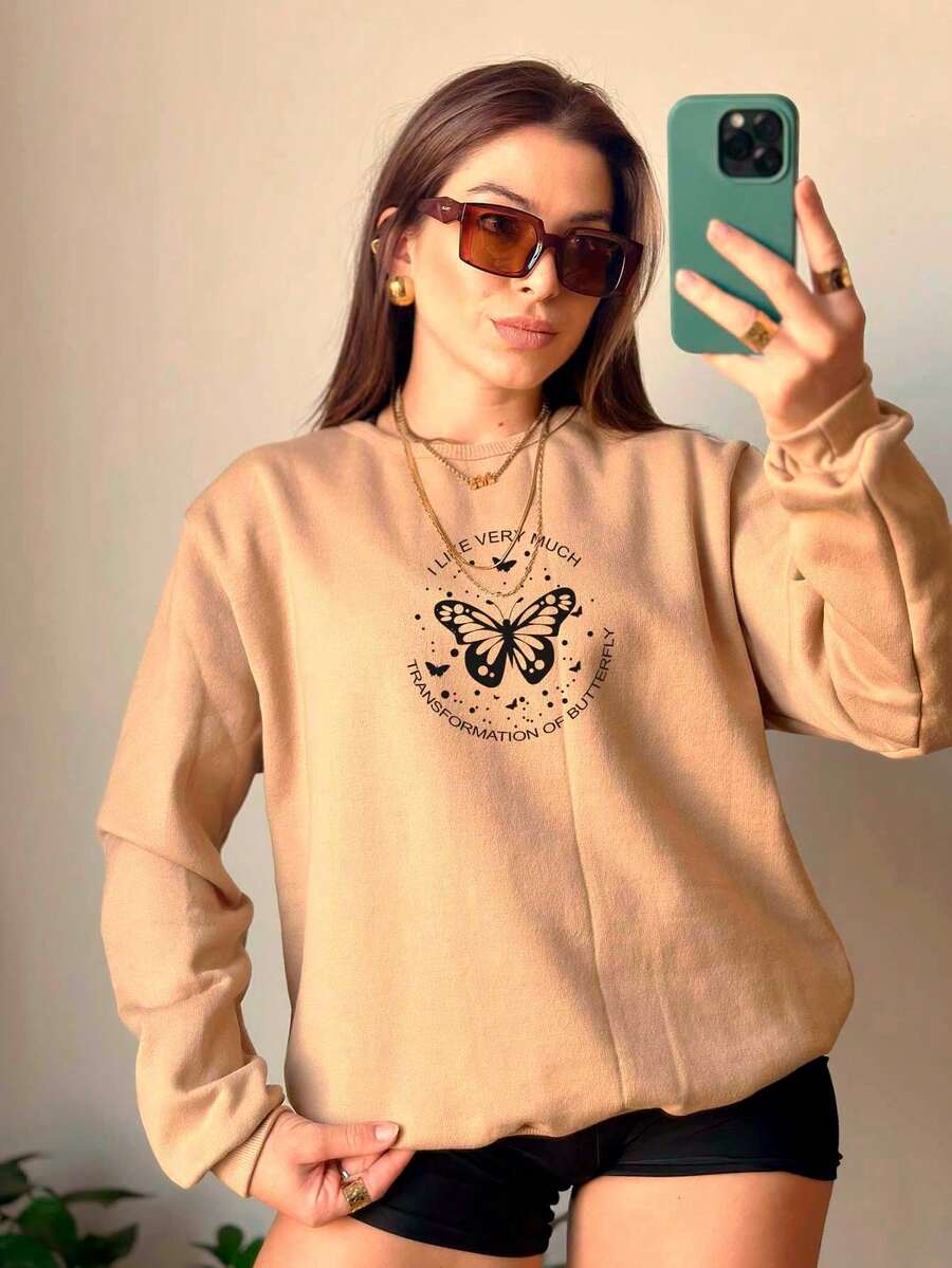 Women's Round Neck Sweatshirt With Butterfly Print Basic Hoodless Sweater 100% Premium Cotton Printed 7050 - Màu Khaki - Xem 1