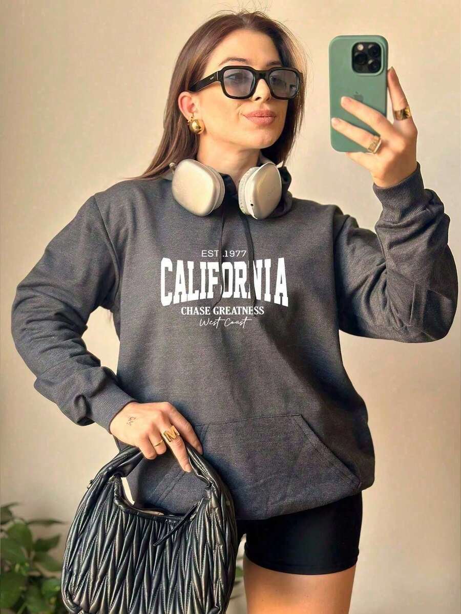 Women's Sweatshirt Winter Fashion California Letters Cute Kangaroo Sweatshirt Cold Weather California Hoodie Tumblr Cold Streetwear Premium Coat 7081 - Màu xám đen - Xem 1