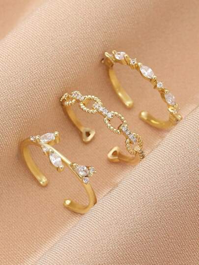 3 pièces/set Ensemble de bagues décorées de faux perles et strass, cadeau pour femmes