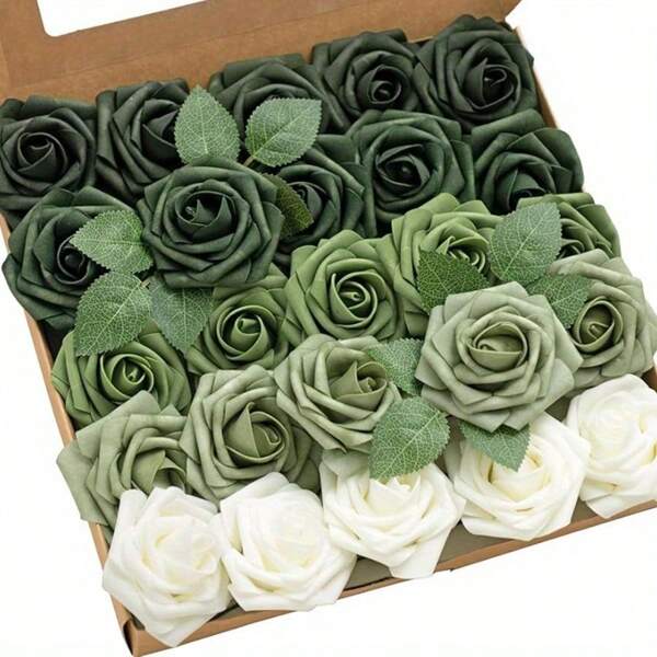 25 Pcs Luxurious Forest Green Ombre Artificial Roses With Stems - Real-Like, Petal-Soft,And Durable For DIY Wedding Bouquets, Gift,Bridal Shower Centerpieces, And Sage Green Floral Arrangements Decorations - Perfect For Wedding And Engagement Occasions
