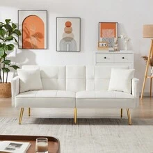 Cream White Velvet Futon Sofa Bed With Gold Metal Legs, Suitable For Living Room, Bedroom, Office - Cream White + Velvet + Foam + 2 Seat-1 - View 6