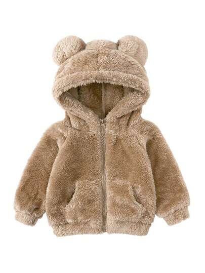 Baby Girl 1pc Kids Cute Casual Sporty Furry Ear Decor Long Sleeve Pocket Fluffy Sherpa Warm Zip-Up Jacket , Autumn Winter