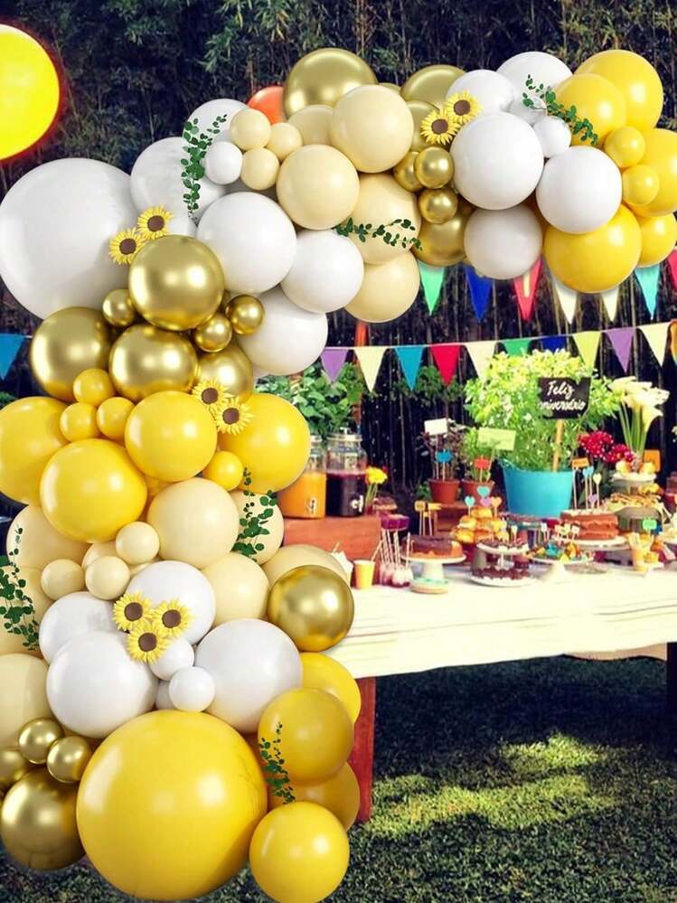 Bộ 101 bóng bay Macaron màu vàng trắng vàng dùng để trang trí tiệc sinh nhật theo chủ đề Boho Sunshine Daisy Honeybee - Màu vàng - Xem 3