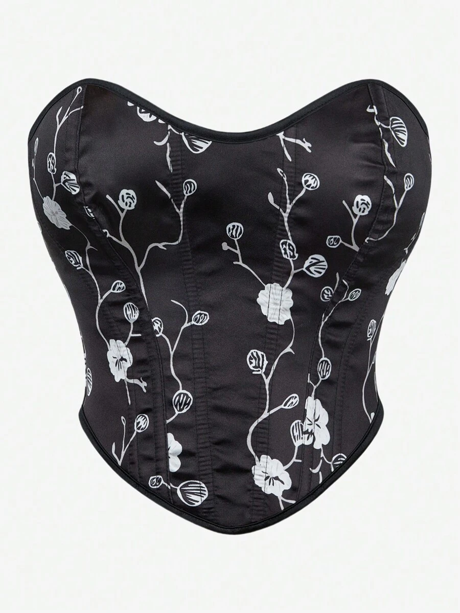 Printed Corset Top, Backless Lace Up Bustier Crop Top, For Halloween - Black and White - View 1