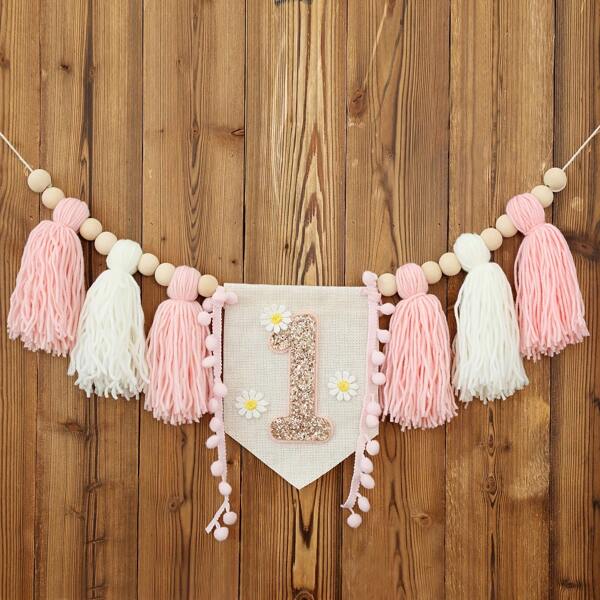 Banner de silla alta rosa para primer cumpleaños con margaritas hechas a mano, corona de flores con borlas brillantes, guirnalda de borlas estilo bohemio para decoración de cumpleaños, decoración del hogar, decoración de habitación, decoración de pared