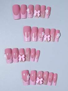 24 件 3D 凝胶指甲，可制作方形粉色法式尖头按压指甲，中号花朵蝴蝶结设计亚克力假指甲套装，包含 1 件果冻胶和 1 个指甲锉，易于佩戴 3D 凝胶指甲，法式尖头按压指甲艺术，适合女性女孩日常工作节日派对使用美甲用品 - 彩色 - 查看 3