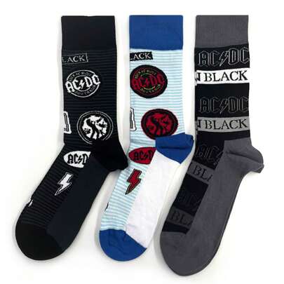 AC/DC Socks 3 Pack - Adult UK 7-11 (EU 41-46, US 8-12) - Ships In 48 Hours - Step Up Your Rock Style From Head To Toe With This 3-Pack Of Bold, Comfortable Socks. Featuring Iconic Graphics Inspired By Legendary Riffs, They're Crafted For A Snug, Durable Fit That Keeps You Rocking All Day. Perfect For Concerts, Casual Wear, Or Adding A Touch Of Classic Rock Energy To Any Outfit, These Socks Let You Wear Your Fandom Loud And Proud.