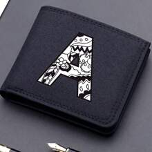 1pc Men's 26 Letters Printing Canvas Short Wallet Initial Name Double Fold Wallet Business Casual Short Wallet With Card Slots Wallet Small Card Case Gifts For Men Wallet Purse Wallet Small Wallet Men Wallet Leather - Black - View 2