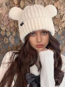 Cappello lavorato a maglia a forma di orsetto, stile 2024, spesso e caldo, antivento, cartone animato, carino, casual, in poliestere, con design a lettere e animali, adatto per l'autunno e l'inverno, Ognissanti - cappello - Visualizzare 4