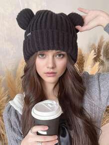 Cappello lavorato a maglia a forma di orsetto, stile 2024, spesso e caldo, antivento, cartone animato, carino, casual, in poliestere, con design a lettere e animali, adatto per l'autunno e l'inverno, Ognissanti - cappello - Visualizzare 5