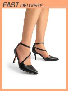 Women's Stiletto High Heels Strappy Pumps Closed Pointed Toe Ankle Strap Solid Color Fashionable Wedding Bridal Party Dress Shoes - 黑色/PU - 查看 1